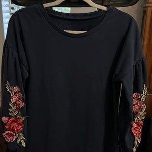 Embroidery on soft dark blue dress sweater, size Medium